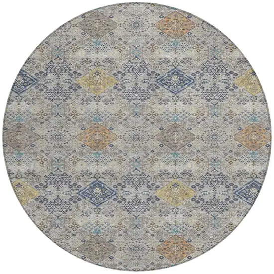8' Silver And Navy Blue Round Oriental Washable Indoor Outdoor Area Rug Photo 3