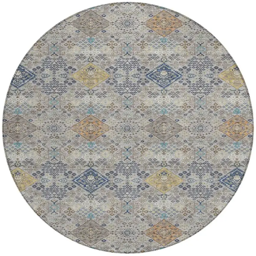 8' Silver And Navy Blue Round Oriental Washable Indoor Outdoor Area Rug Photo 3