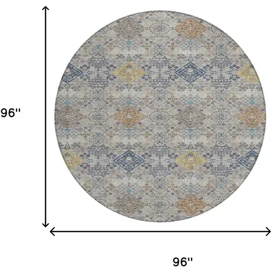 8' Silver And Navy Blue Round Oriental Washable Indoor Outdoor Area Rug Photo 8