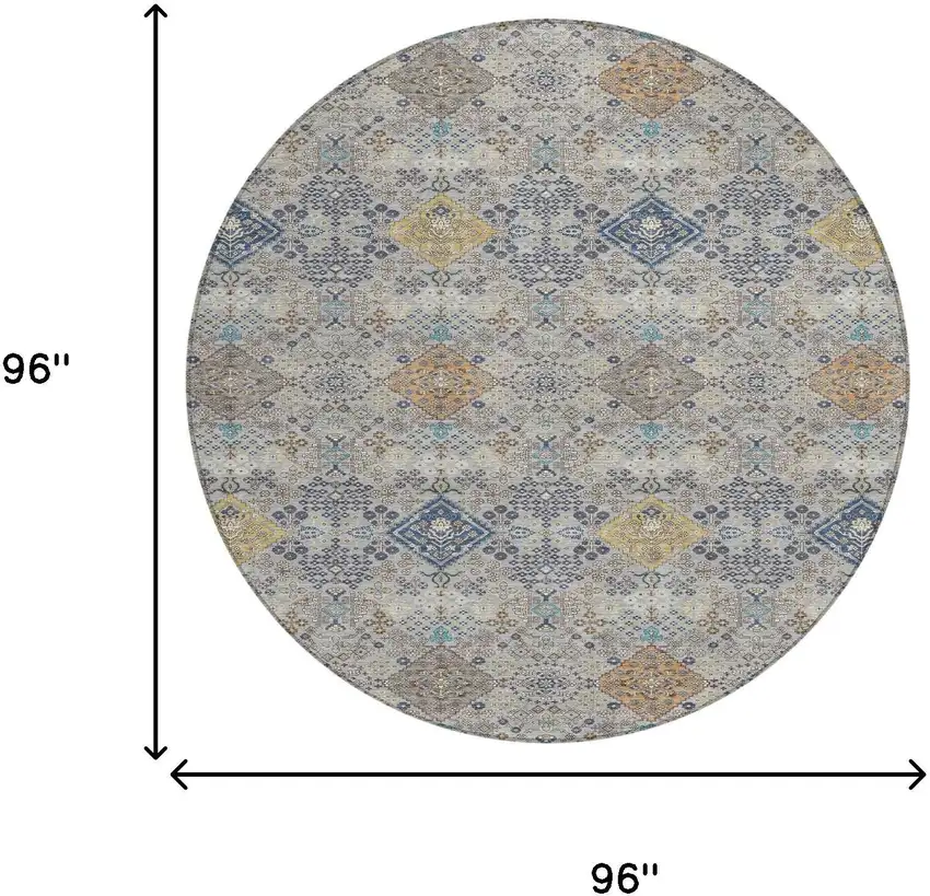 8' Silver And Navy Blue Round Oriental Washable Indoor Outdoor Area Rug Photo 8