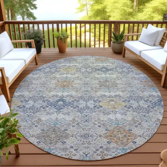 8' Silver And Navy Blue Round Oriental Washable Indoor Outdoor Area Rug Photo 4