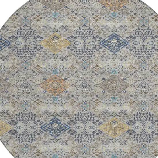 8' Silver And Navy Blue Round Oriental Washable Indoor Outdoor Area Rug Photo 2