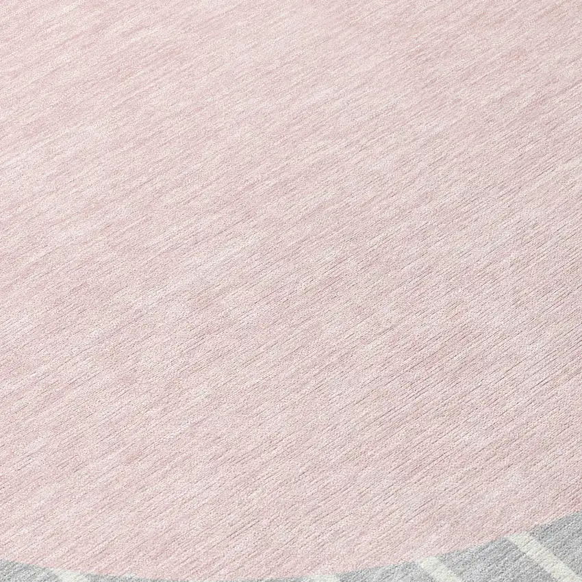 8' Silver And Pink Round Striped Washable Indoor Outdoor Area Rug Photo 8
