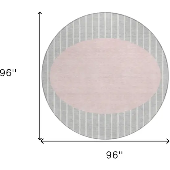 8' Silver And Pink Round Striped Washable Indoor Outdoor Area Rug Photo 3