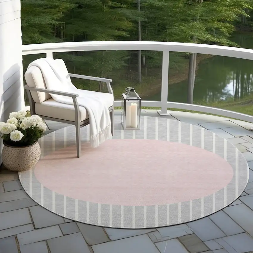 8' Silver And Pink Round Striped Washable Indoor Outdoor Area Rug Photo 6