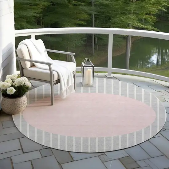 8' Silver And Pink Round Striped Washable Indoor Outdoor Area Rug Photo 6