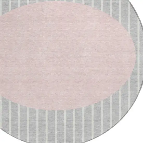 8' Silver And Pink Round Striped Washable Indoor Outdoor Area Rug Photo 4