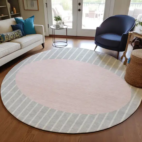 8' Silver And Pink Round Striped Washable Indoor Outdoor Area Rug Photo 7