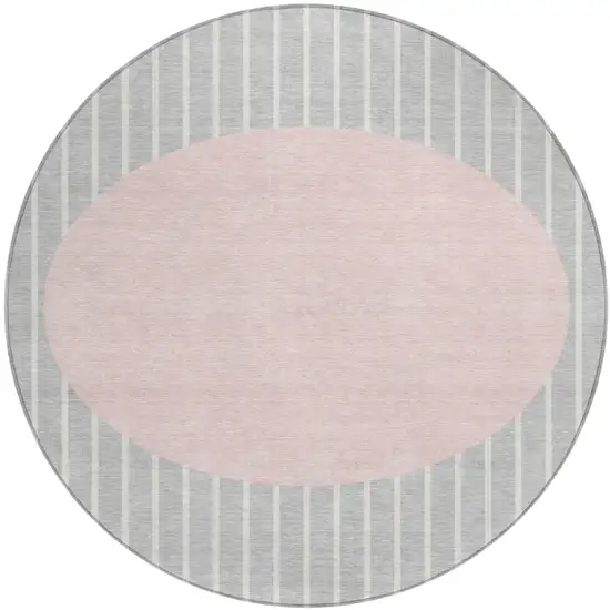 8' Silver And Pink Round Striped Washable Indoor Outdoor Area Rug Photo 2