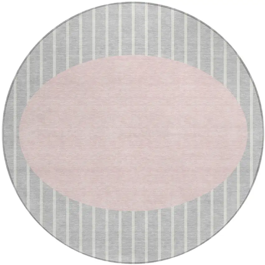 8' Silver And Pink Round Striped Washable Indoor Outdoor Area Rug Photo 2