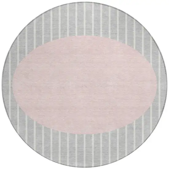 8' Silver And Pink Round Striped Washable Indoor Outdoor Area Rug Photo 5