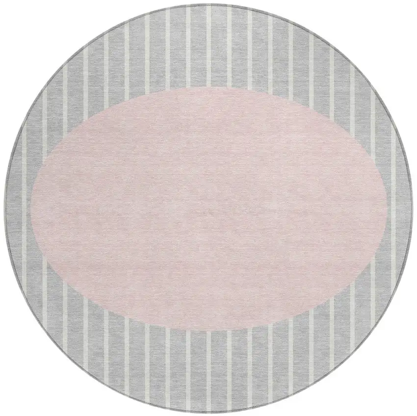 8' Silver And Pink Round Striped Washable Indoor Outdoor Area Rug Photo 5
