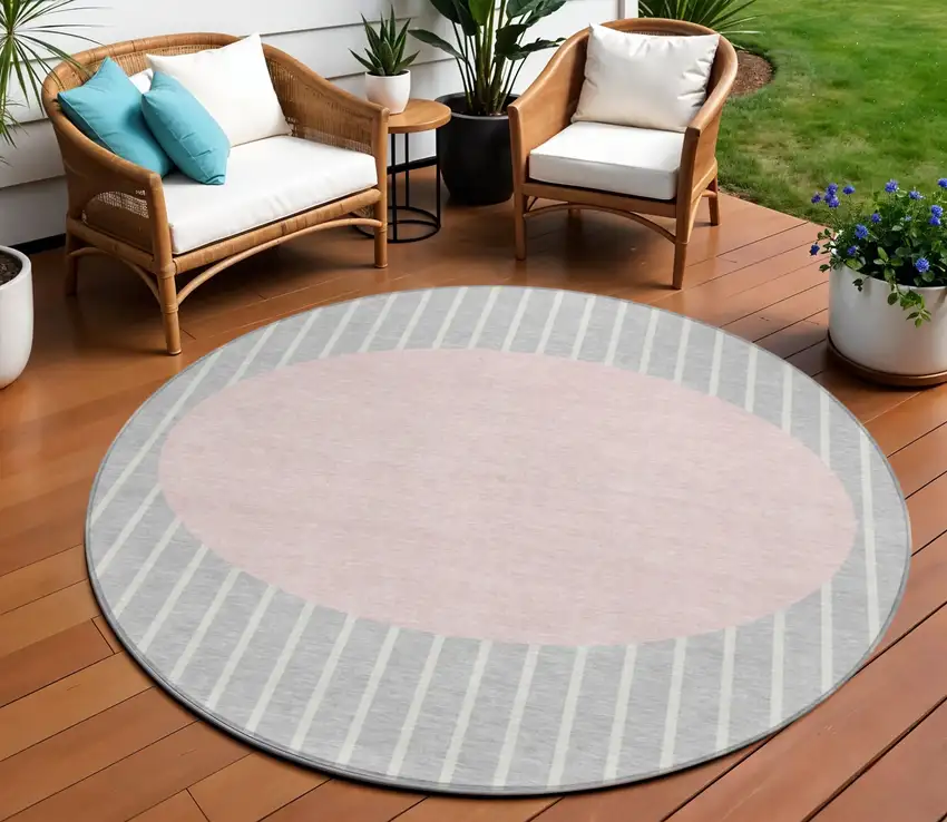 8' Silver And Pink Round Striped Washable Indoor Outdoor Area Rug Photo 1