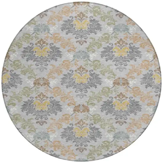 8' Silver And Sage Round Damask Washable Indoor Outdoor Area Rug Photo 2