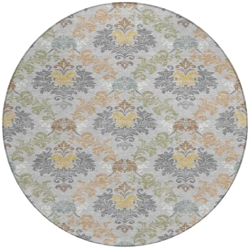 8' Silver And Sage Round Damask Washable Indoor Outdoor Area Rug Photo 2