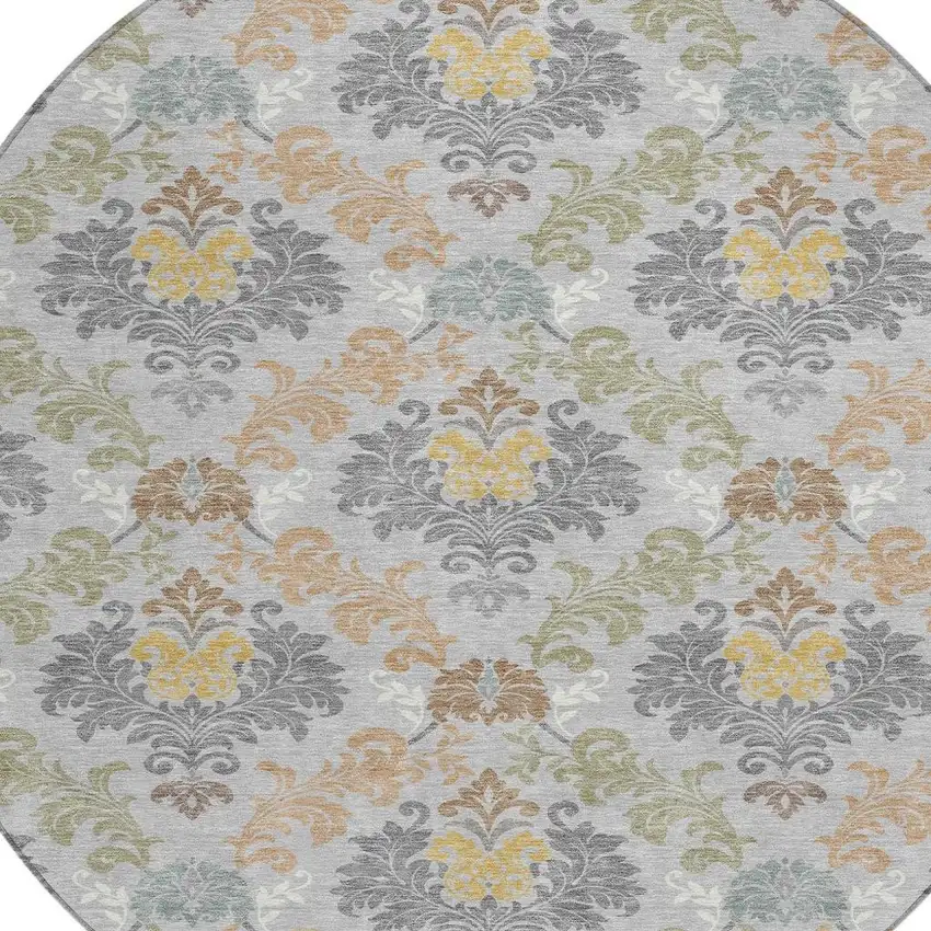 8' Silver And Sage Round Damask Washable Indoor Outdoor Area Rug Photo 3