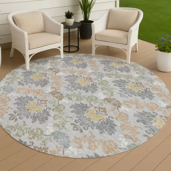 8' Silver And Sage Round Damask Washable Indoor Outdoor Area Rug Photo 4