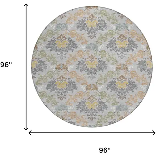 8' Silver And Sage Round Damask Washable Indoor Outdoor Area Rug Photo 8