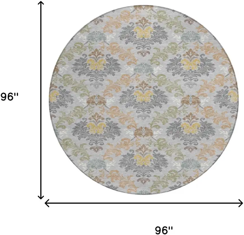 8' Silver And Sage Round Damask Washable Indoor Outdoor Area Rug Photo 8