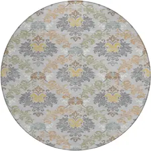 Photo of 8' Silver And Sage Round Damask Washable Indoor Outdoor Area Rug