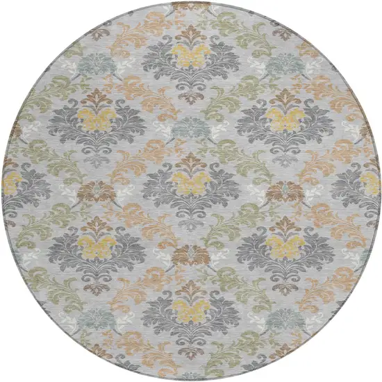 8' Silver And Sage Round Damask Washable Indoor Outdoor Area Rug Photo 1