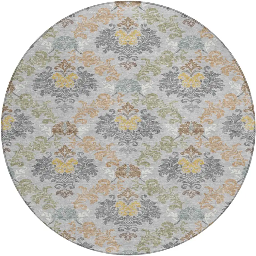 8' Silver And Sage Round Damask Washable Indoor Outdoor Area Rug Photo 1