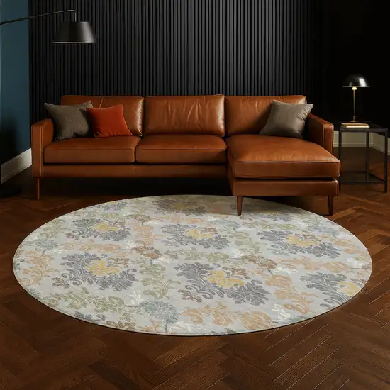 8' Silver And Sage Round Damask Washable Indoor Outdoor Area Rug Photo 5