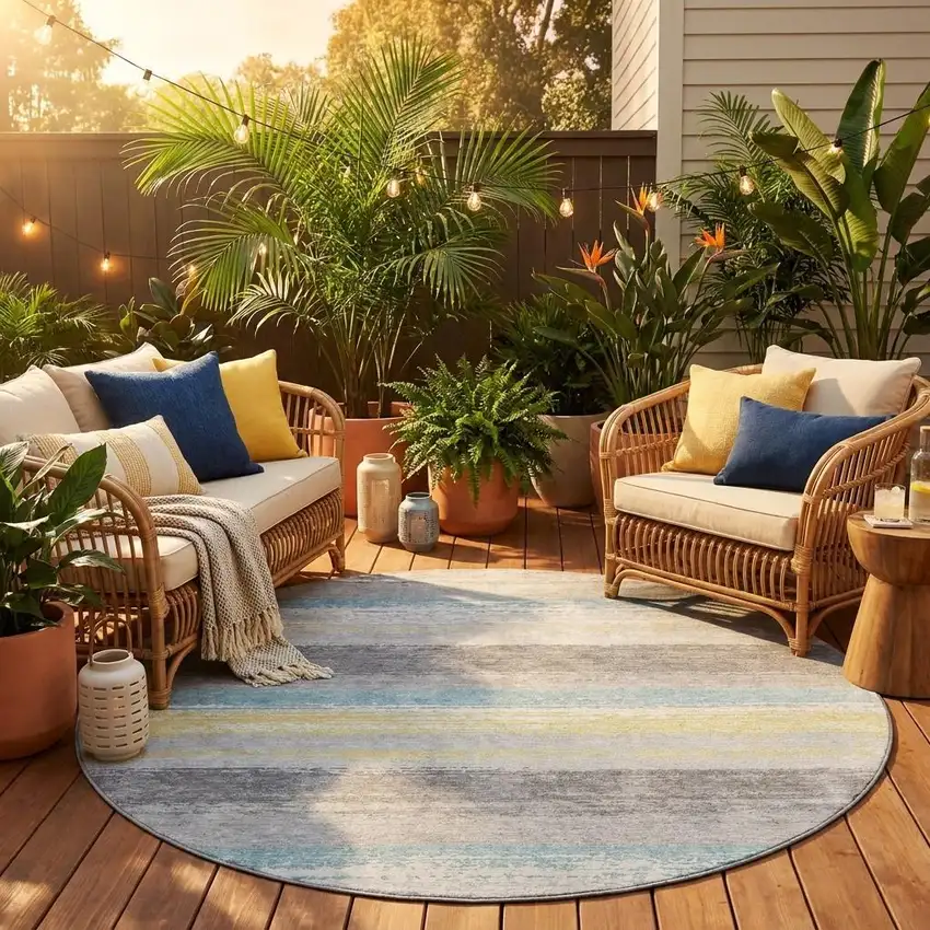 8' Silver And Taupe Round Striped Washable Indoor Outdoor Area Rug Photo 1