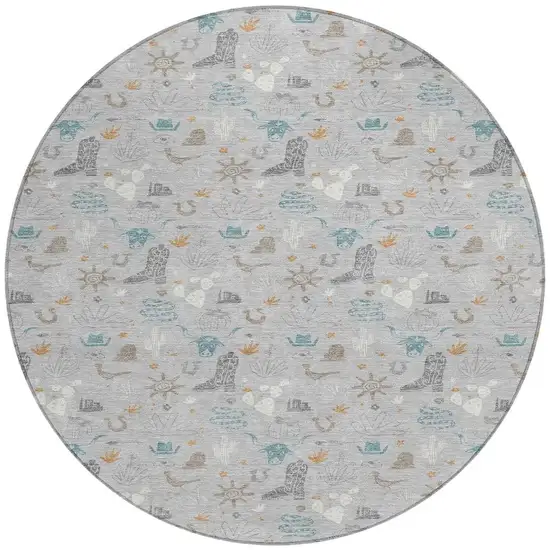 8' Silver And Teal Blue Round Cactus Washable Indoor Outdoor Area Rug Photo 4