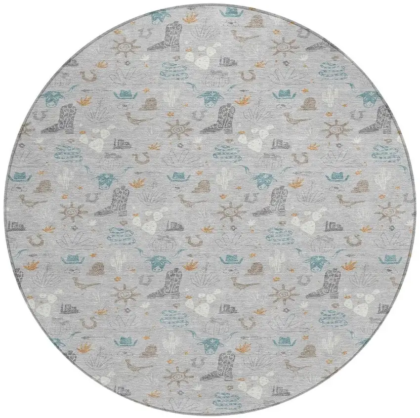 8' Silver And Teal Blue Round Cactus Washable Indoor Outdoor Area Rug Photo 4