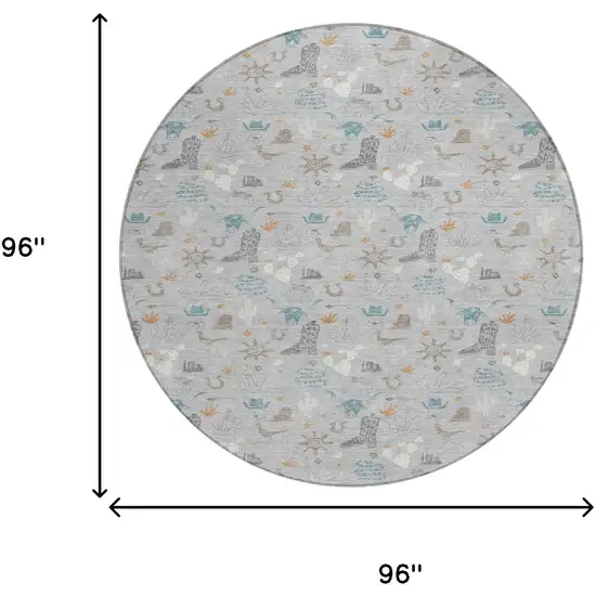 8' Silver And Teal Blue Round Cactus Washable Indoor Outdoor Area Rug Photo 7