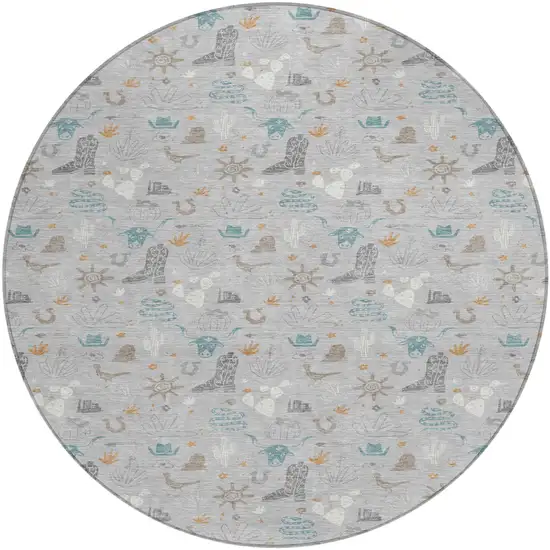 8' Silver And Teal Blue Round Cactus Washable Indoor Outdoor Area Rug Photo 2