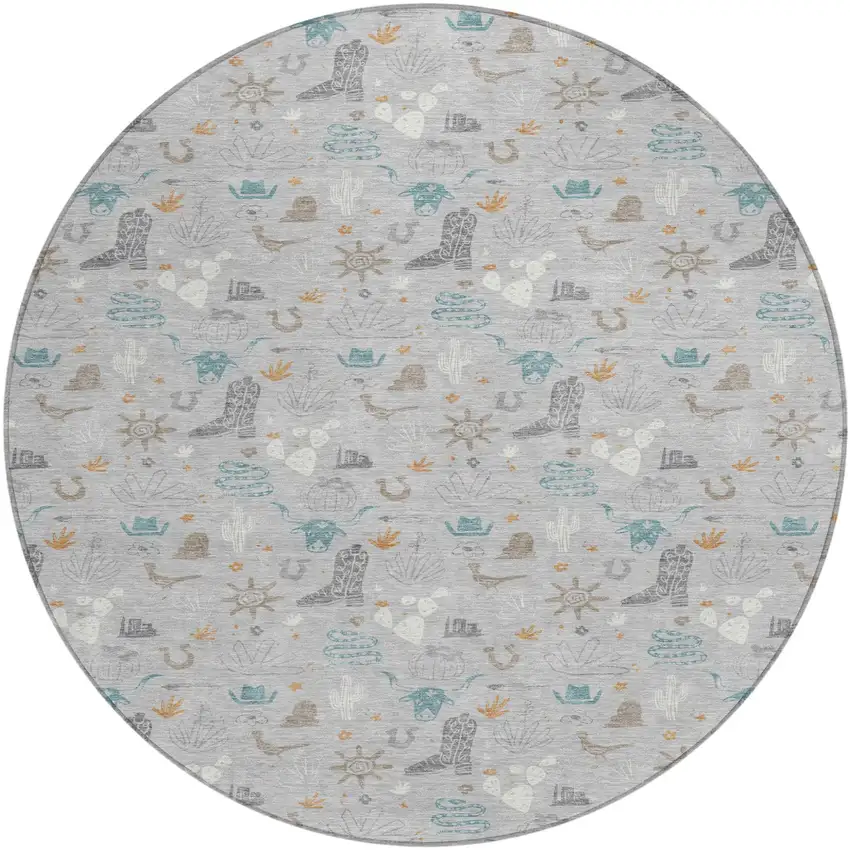 8' Silver And Teal Blue Round Cactus Washable Indoor Outdoor Area Rug Photo 2