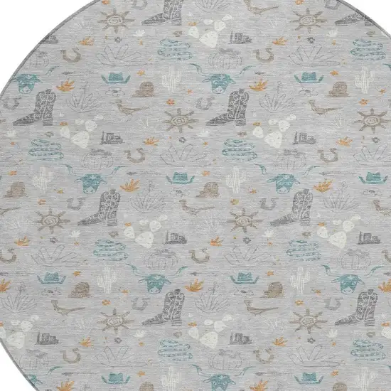 8' Silver And Teal Blue Round Cactus Washable Indoor Outdoor Area Rug Photo 3