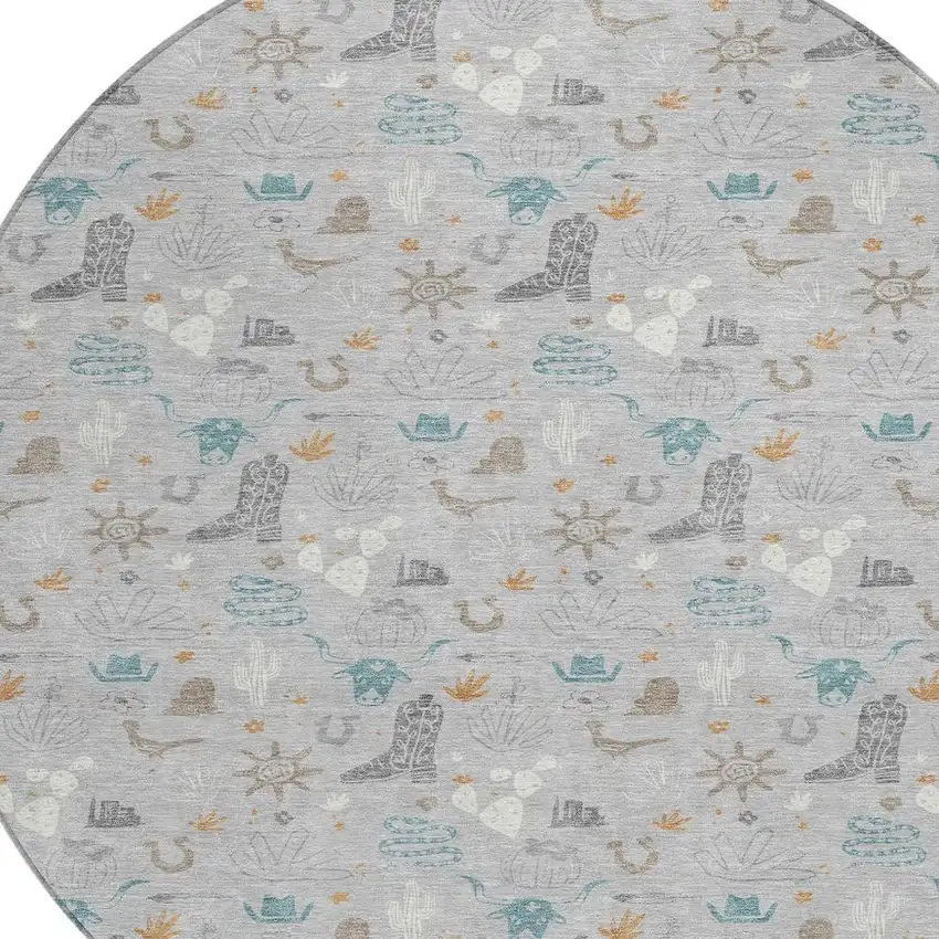 8' Silver And Teal Blue Round Cactus Washable Indoor Outdoor Area Rug Photo 3