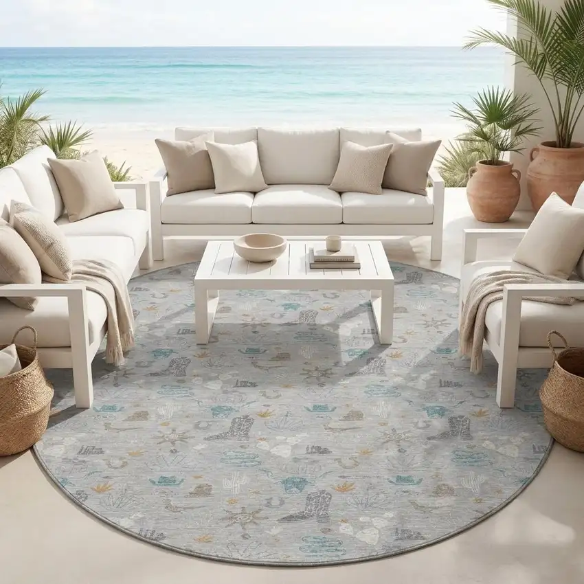 8' Silver And Teal Blue Round Cactus Washable Indoor Outdoor Area Rug Photo 1