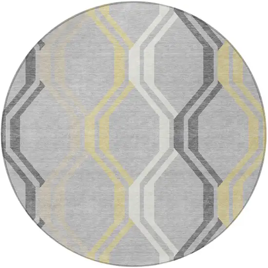 8' Silver Beige And Charcoal Round Geometric Washable Indoor Outdoor Area Rug Photo 4