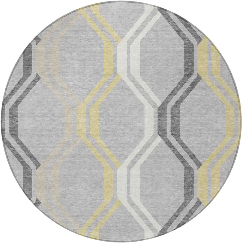 8' Silver Beige And Charcoal Round Geometric Washable Indoor Outdoor Area Rug Photo 4