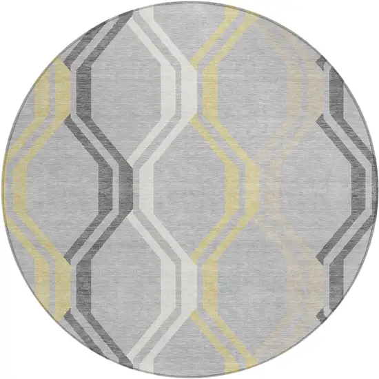 8' Silver Beige And Charcoal Round Geometric Washable Indoor Outdoor Area Rug Photo 2