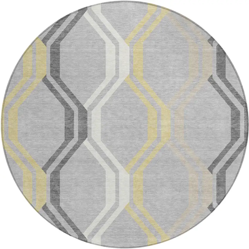 8' Silver Beige And Charcoal Round Geometric Washable Indoor Outdoor Area Rug Photo 2