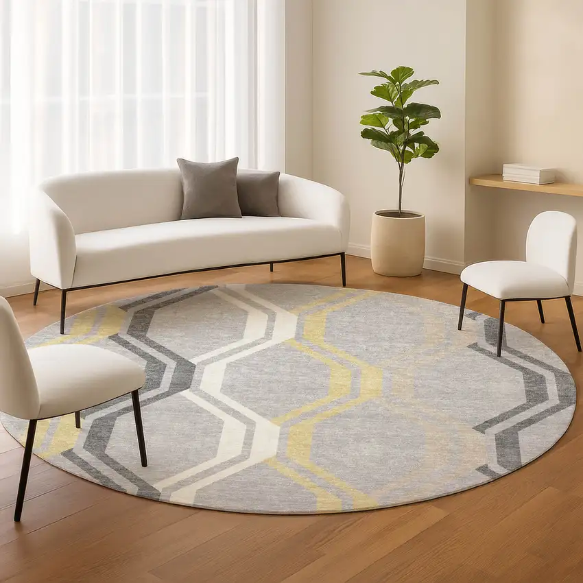 8' Silver Beige And Charcoal Round Geometric Washable Indoor Outdoor Area Rug Photo 9