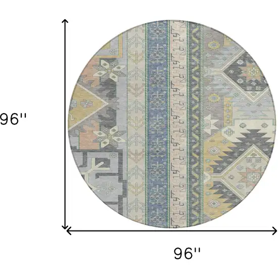 8' Silver Beige And Gold Round Aztec Washable Indoor Outdoor Area Rug Photo 3