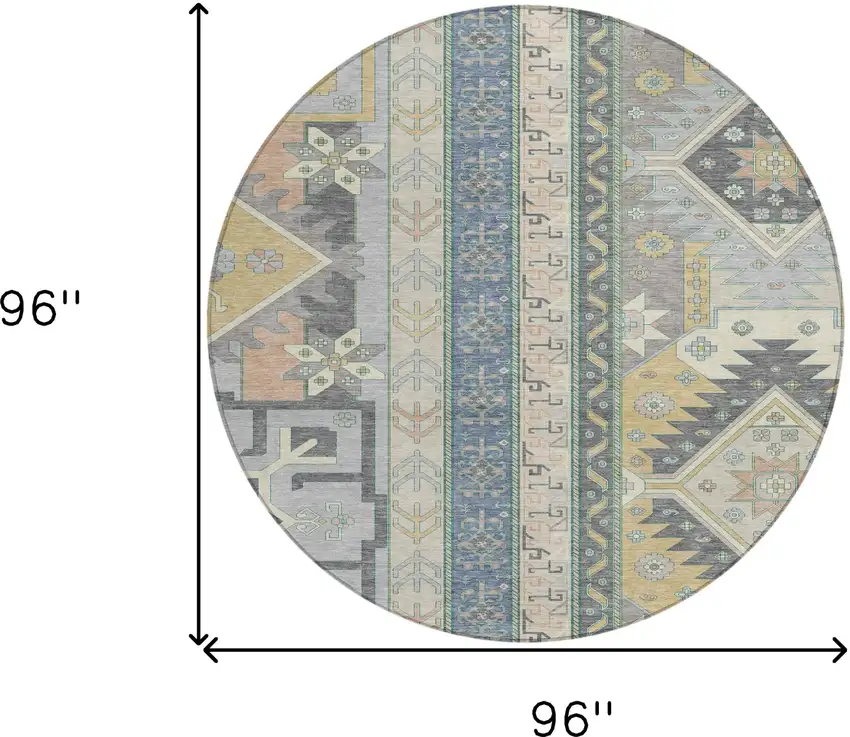 8' Silver Beige And Gold Round Aztec Washable Indoor Outdoor Area Rug Photo 3