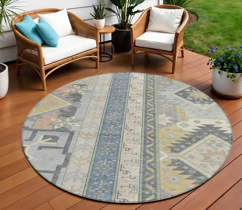 8' Silver Beige And Gold Round Aztec Washable Indoor Outdoor Area Rug Photo 1