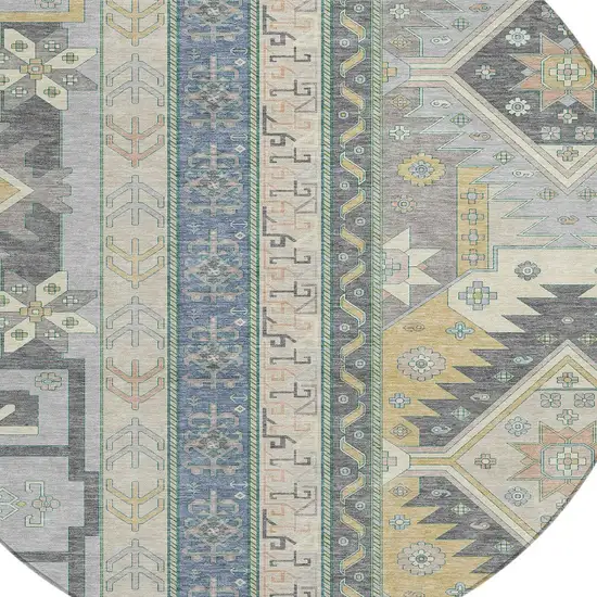 8' Silver Beige And Gold Round Aztec Washable Indoor Outdoor Area Rug Photo 5