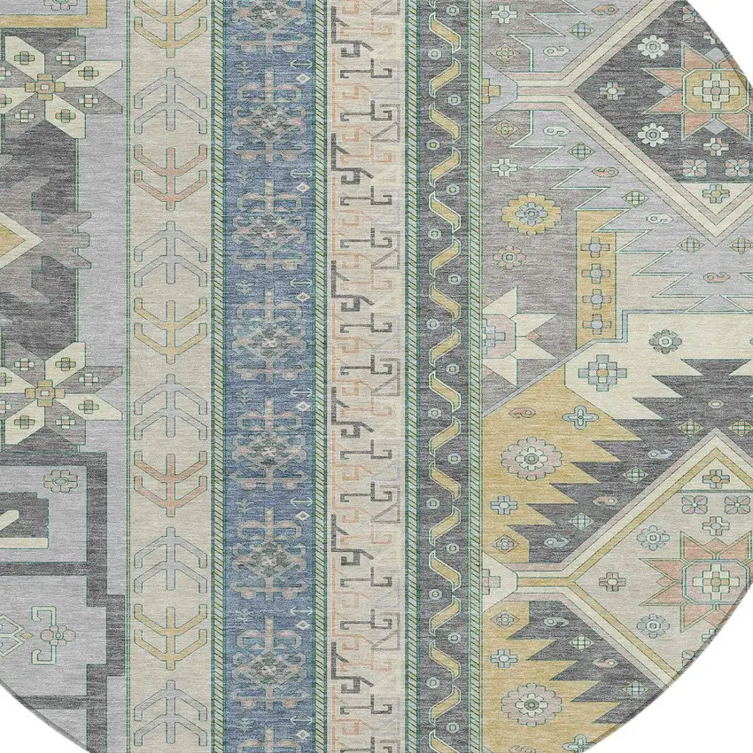 8' Silver Beige And Gold Round Aztec Washable Indoor Outdoor Area Rug Photo 5