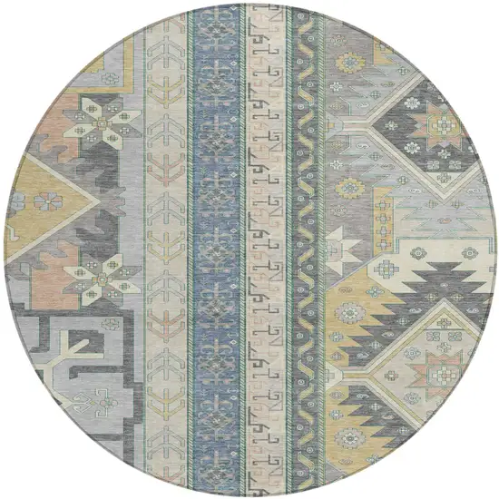 8' Silver Beige And Gold Round Aztec Washable Indoor Outdoor Area Rug Photo 2