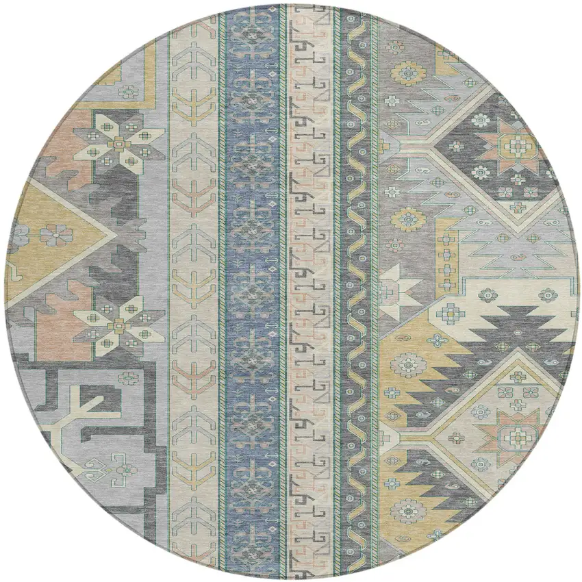 8' Silver Beige And Gold Round Aztec Washable Indoor Outdoor Area Rug Photo 2