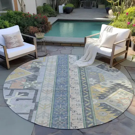 8' Silver Beige And Gold Round Aztec Washable Indoor Outdoor Area Rug Photo 7