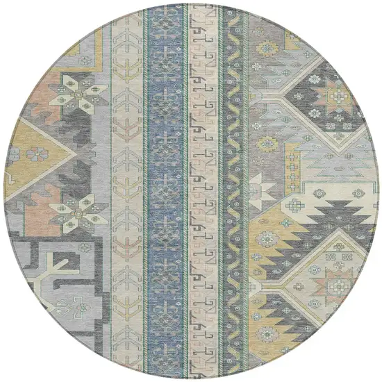 8' Silver Beige And Gold Round Aztec Washable Indoor Outdoor Area Rug Photo 6